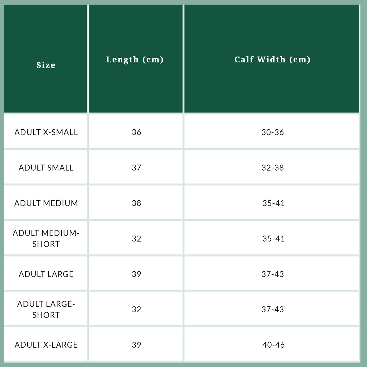 Tuffa Cleveland Neo Half Adult Chaps – size guide
