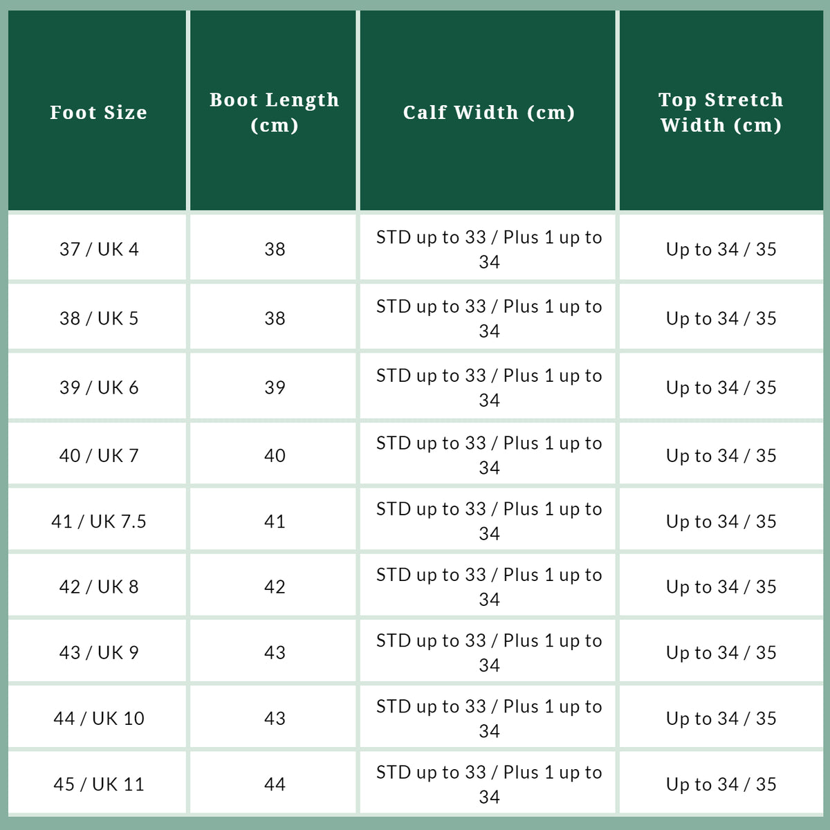 Tuffa Aintree Leather Race Boots – size guide