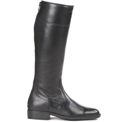 A black riding boot with a zipper on the side, made of soft Italian leather with a rubber sole.