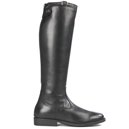 A pair of black, traditional, Showtime riding boots with a garter strap and a YKK zip.