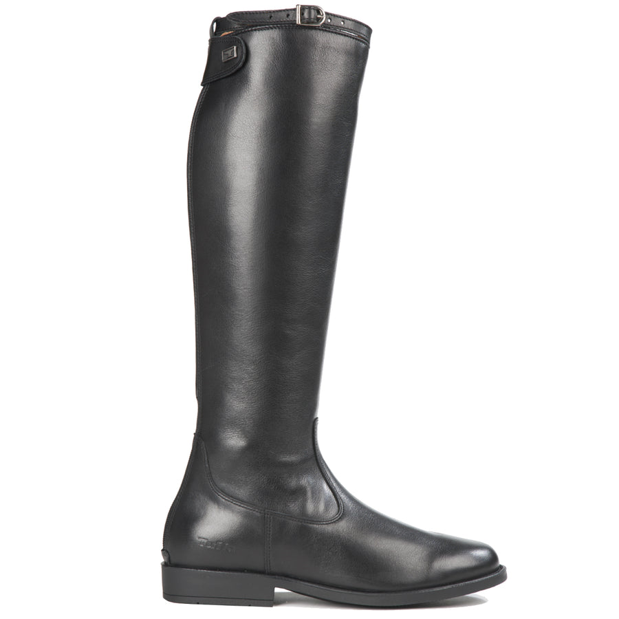 A pair of black, traditional, Showtime riding boots with a garter strap and a YKK zip.